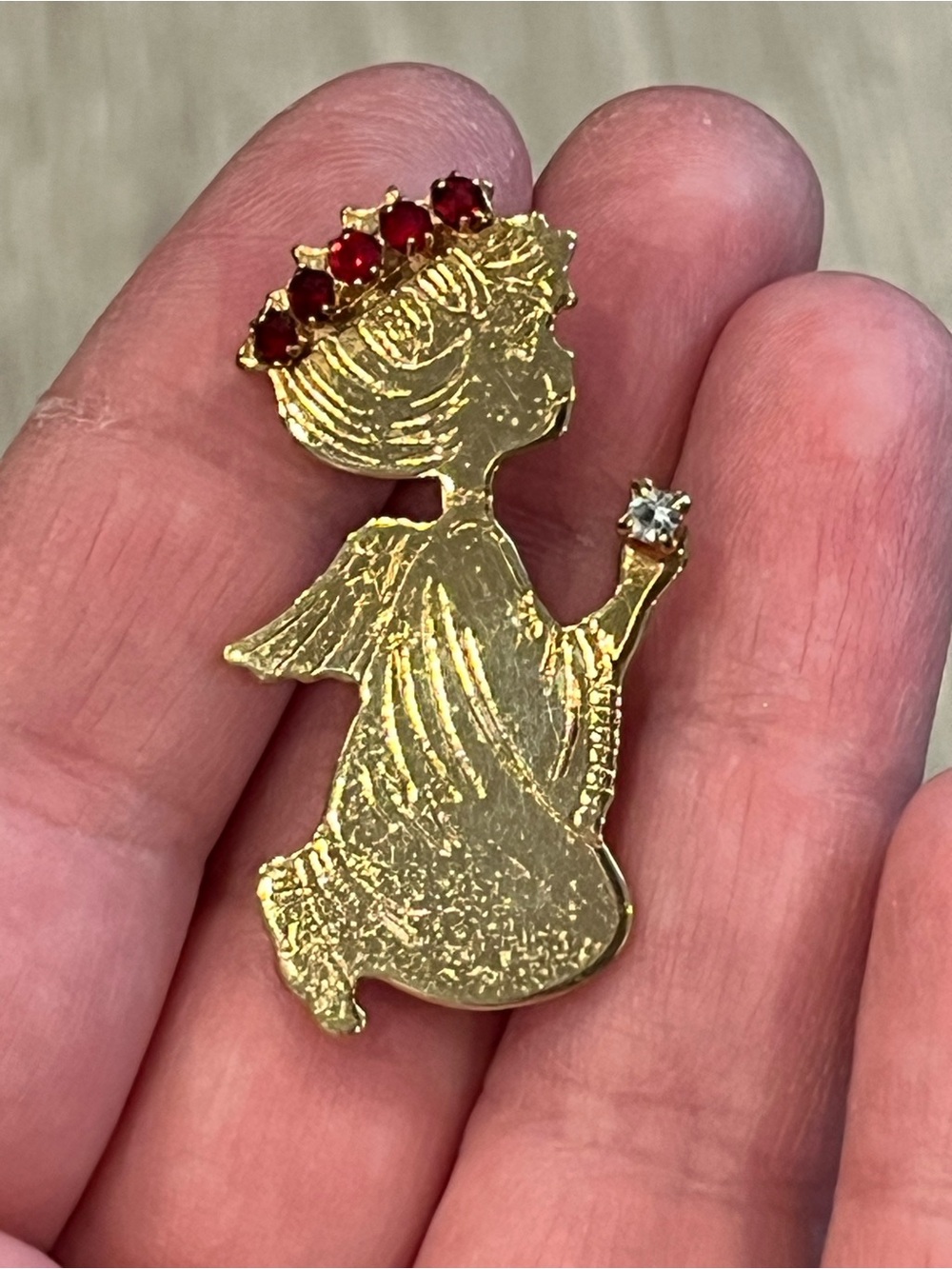 Vintage Gold Angel Brooch with Red rhinestone Crown